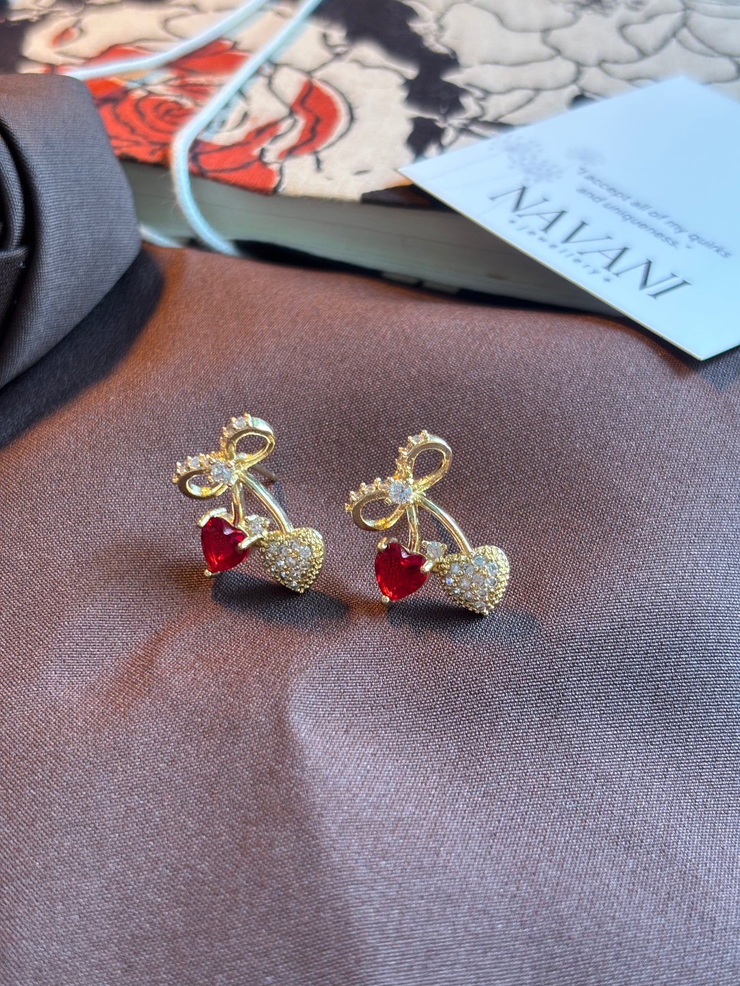 Cherry Pop Studs π | Red Stone Floral Gold Earrings | Tarnish-Resistant