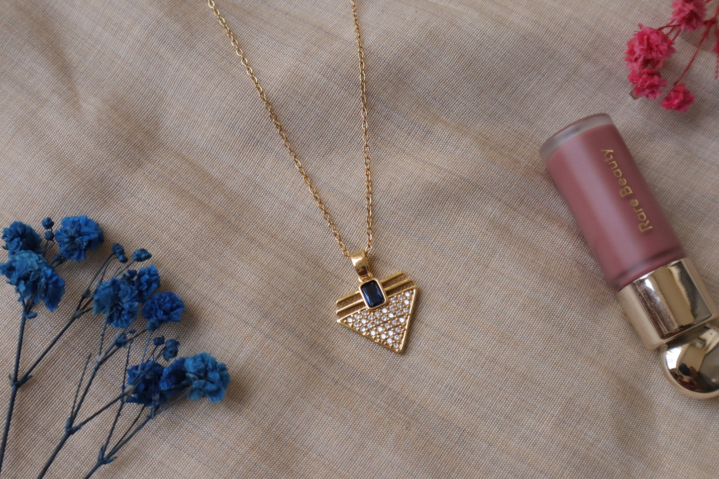 Sapphire Triangle Pendant Necklace β Gold Geometric Charm Jewelry for Her