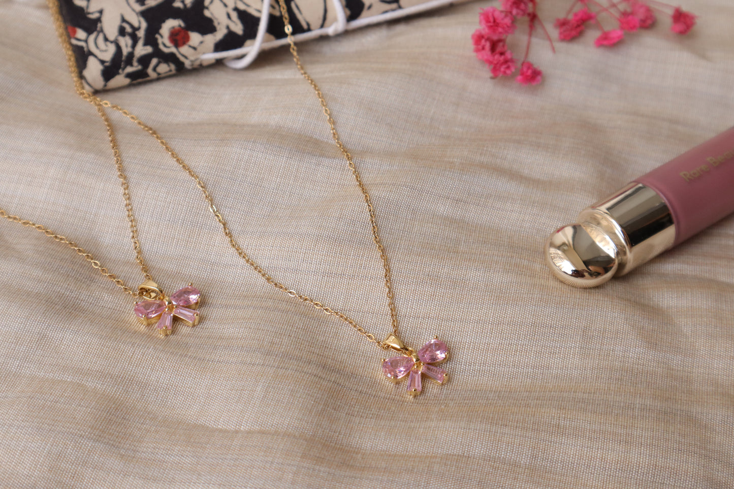 β¨ Pink Bow Charm Necklace β Dainty Gold Jewelry for Her β¨