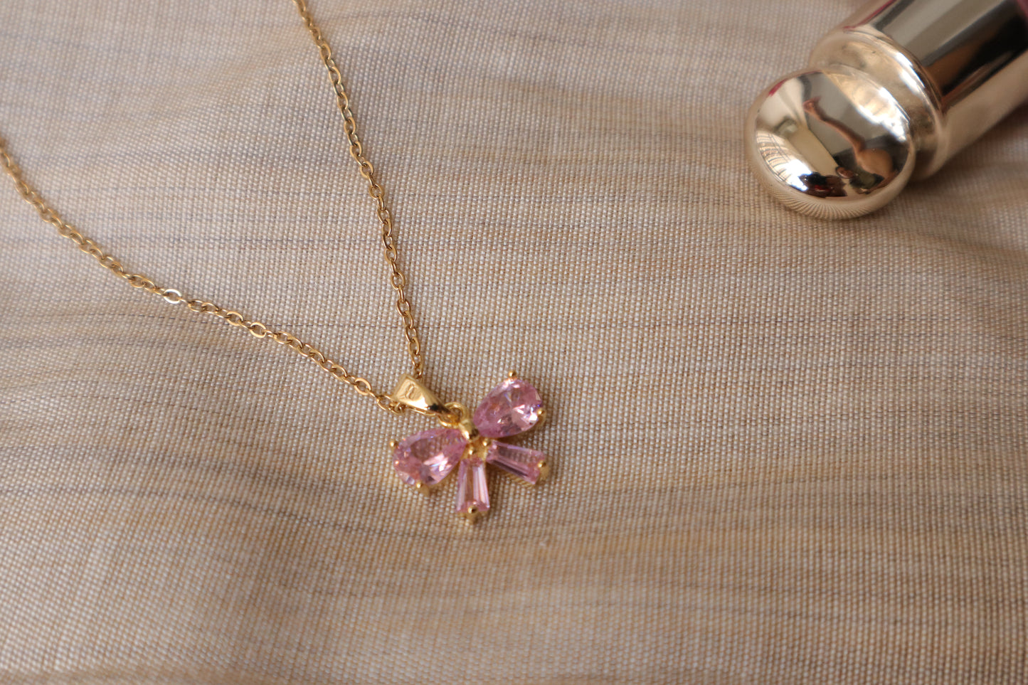 β¨ Pink Bow Charm Necklace β Dainty Gold Jewelry for Her β¨