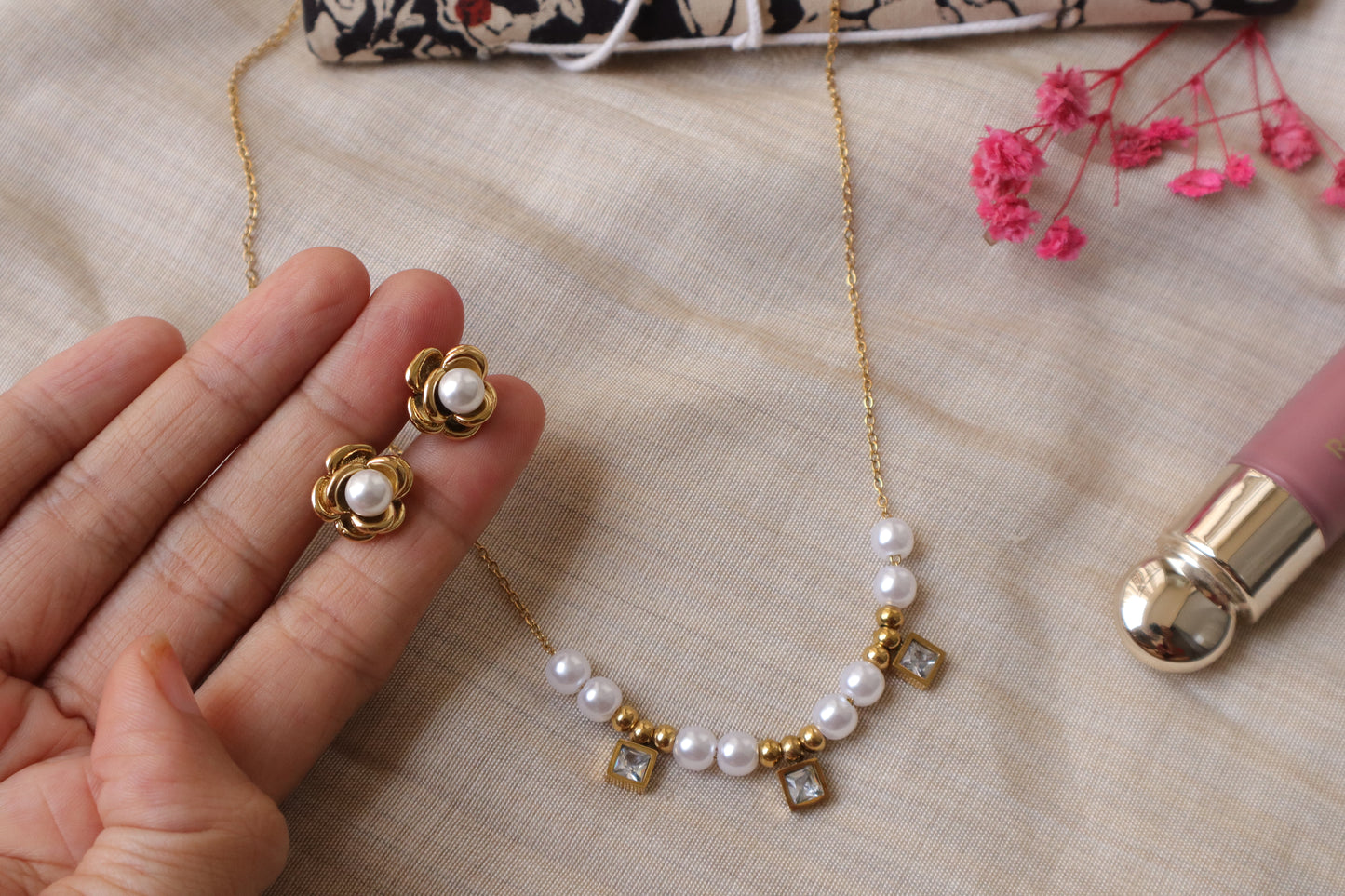 Golden Rose Pearl Anti-Tarnish Earrings